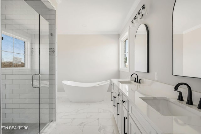 bathroom featuring plus walk in shower, crown molding, and a wealth of natural light