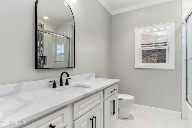 bathroom with toilet, ornamental molding, tile patterned floors, and vanity