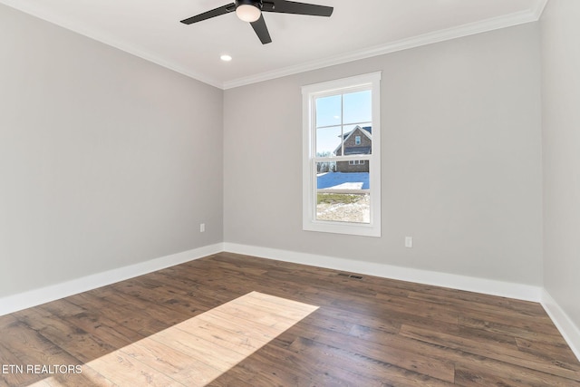 unfurnished room with ornamental molding, ceiling fan, and dark hardwood / wood-style floors