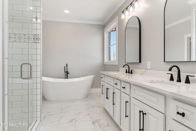 bathroom featuring independent shower and bath, ornamental molding, and vanity