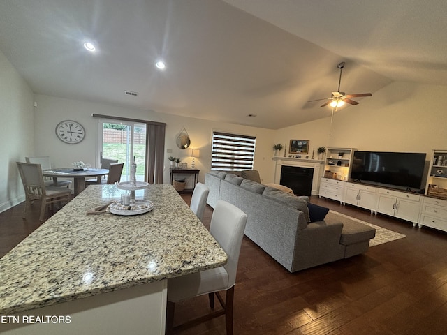 interior space with ceiling fan, vaulted ceiling, and dark hardwood / wood-style floors