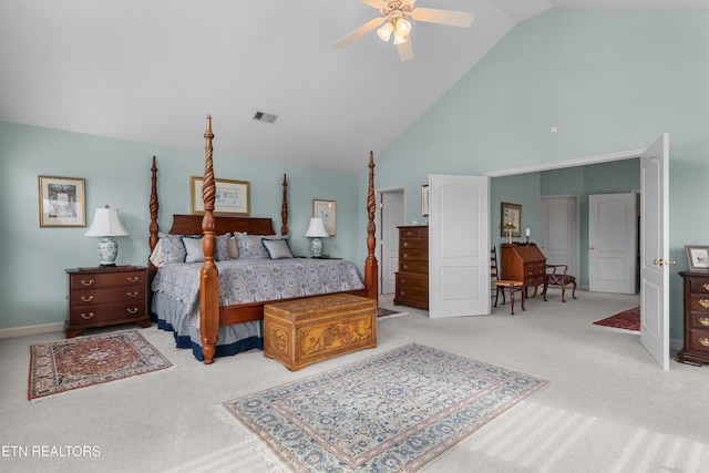 carpeted bedroom featuring high vaulted ceiling, visible vents, ceiling fan, and baseboards