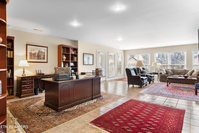 office area with recessed lighting, visible vents, and tile patterned floors