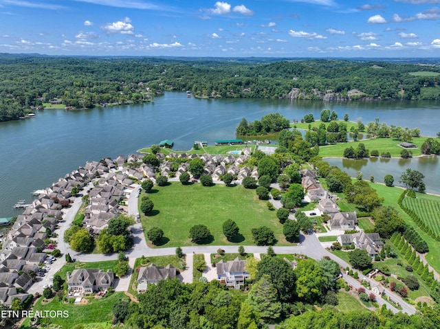 aerial view featuring a water view and a wooded view