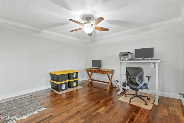 office featuring a textured ceiling, hardwood / wood-style flooring, ceiling fan, and crown molding