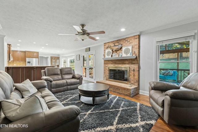 living room with a textured ceiling, light hardwood / wood-style floors, and ornamental molding