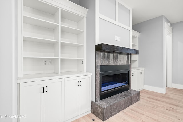 interior space with light hardwood / wood-style flooring and a premium fireplace