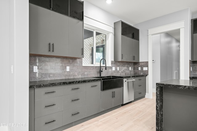 kitchen with dark stone countertops, stainless steel dishwasher, gray cabinetry, and sink