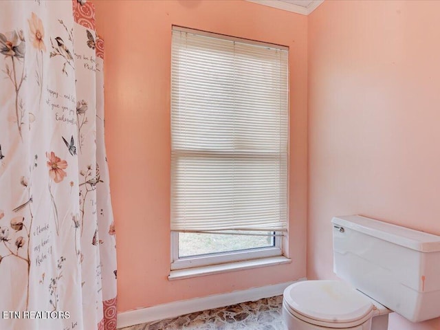 bathroom featuring ornamental molding and toilet