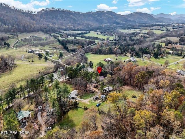 drone / aerial view featuring a mountain view