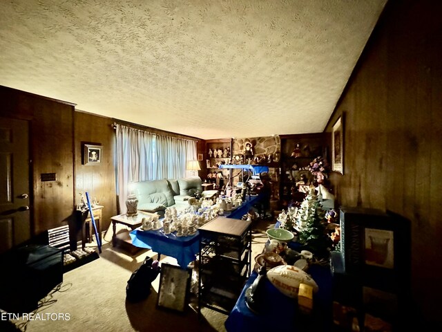 misc room featuring a wood stove, carpet, a textured ceiling, and wooden walls