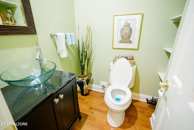 bathroom with vanity, hardwood / wood-style flooring, and toilet