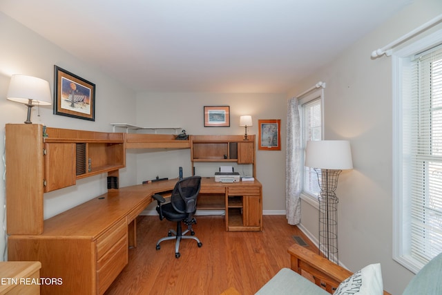 office space featuring built in desk and light hardwood / wood-style flooring