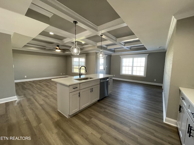 kitchen featuring coffered ceiling, a kitchen island with sink, sink, dishwasher, and white cabinetry