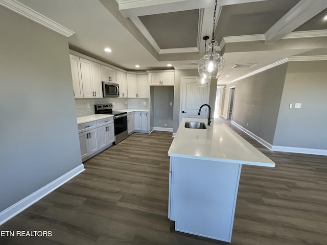 kitchen with white cabinets, appliances with stainless steel finishes, dark hardwood / wood-style floors, and sink