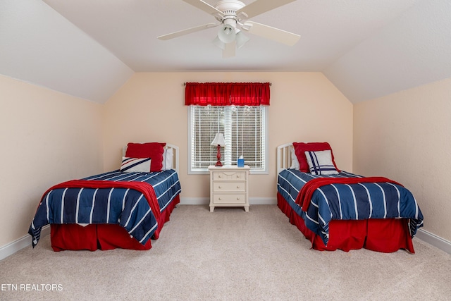 bedroom with carpet, ceiling fan, and lofted ceiling