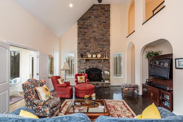 living room with a fireplace, high vaulted ceiling, and wood-type flooring