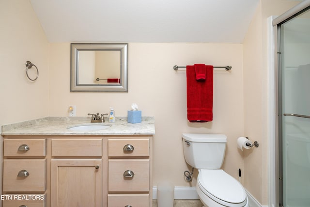 bathroom featuring vanity, toilet, and a shower with door