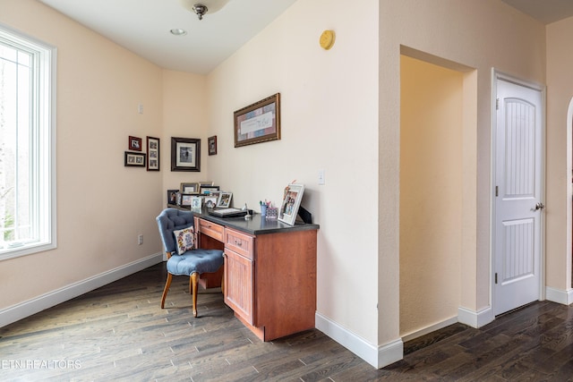 home office with dark hardwood / wood-style floors