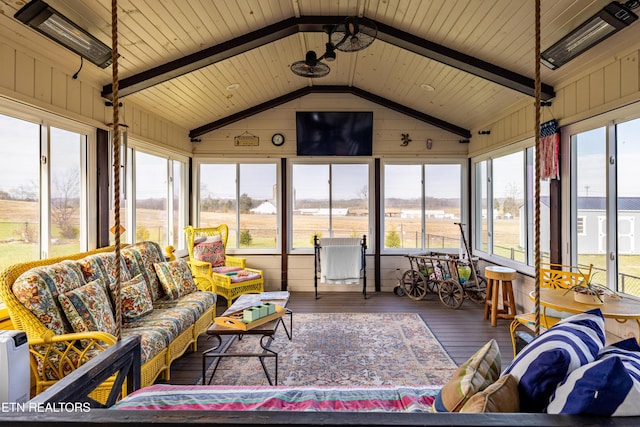 sunroom / solarium with vaulted ceiling with beams and wood ceiling