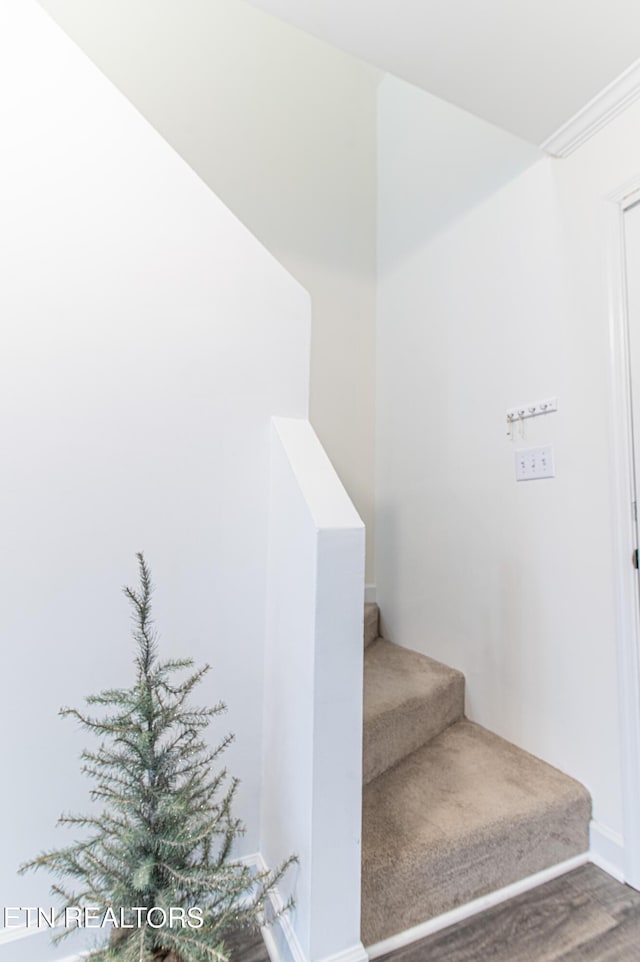 staircase with crown molding and wood-type flooring