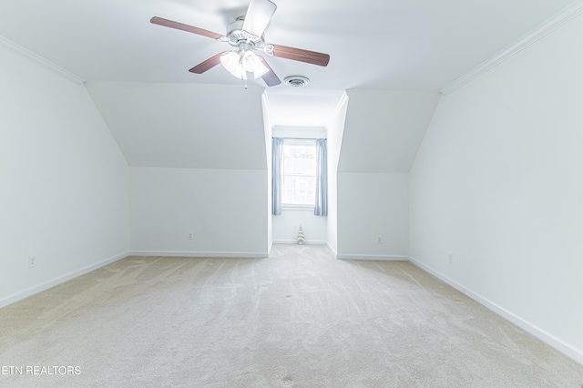 bonus room with light colored carpet, ceiling fan, and lofted ceiling