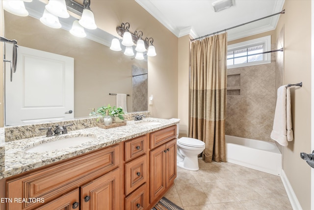 full bathroom with toilet, shower / tub combo, ornamental molding, vanity, and tile patterned flooring