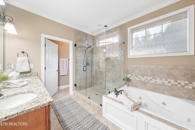 bathroom with ornamental molding, vanity, independent shower and bath, and tile patterned flooring