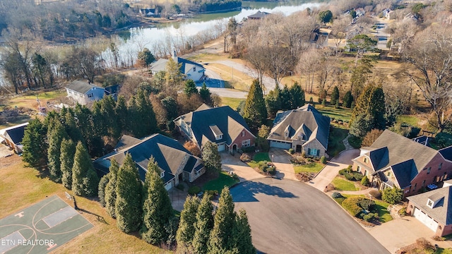 drone / aerial view featuring a water view