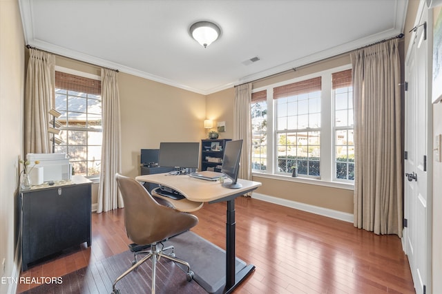 office with ornamental molding and wood-type flooring