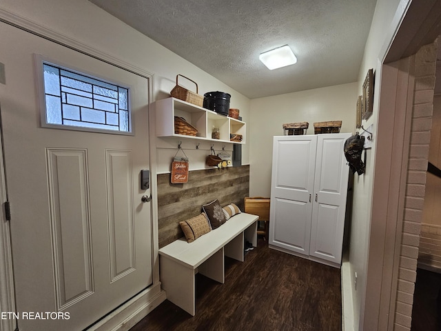 mudroom with a textured ceiling and dark wood-type flooring