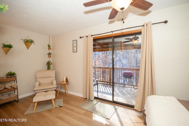 living area featuring ceiling fan and light hardwood / wood-style flooring