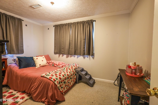 bedroom with carpet, a textured ceiling, and crown molding