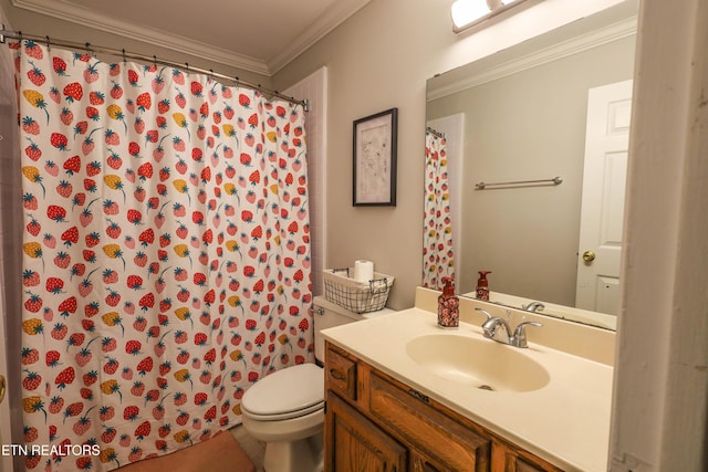 bathroom featuring vanity, curtained shower, toilet, and ornamental molding