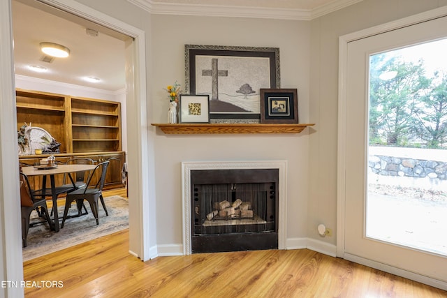 living room with crown molding, a fireplace, and hardwood / wood-style flooring