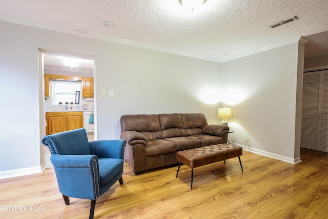 living room featuring a textured ceiling, light wood-type flooring, ornamental molding, and sink