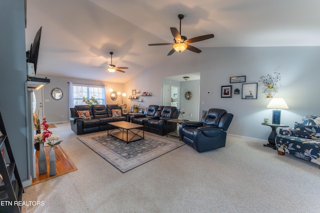 living room featuring carpet, vaulted ceiling, and ceiling fan