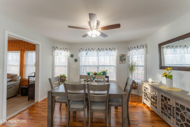 dining space featuring ceiling fan and wood-type flooring