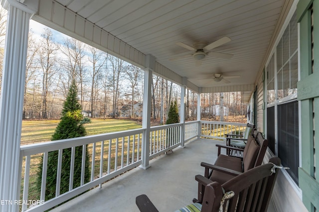 view of patio featuring ceiling fan and covered porch