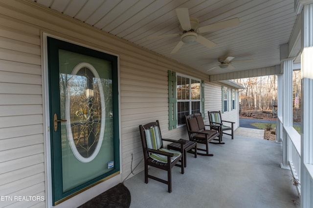 exterior space featuring a porch and ceiling fan