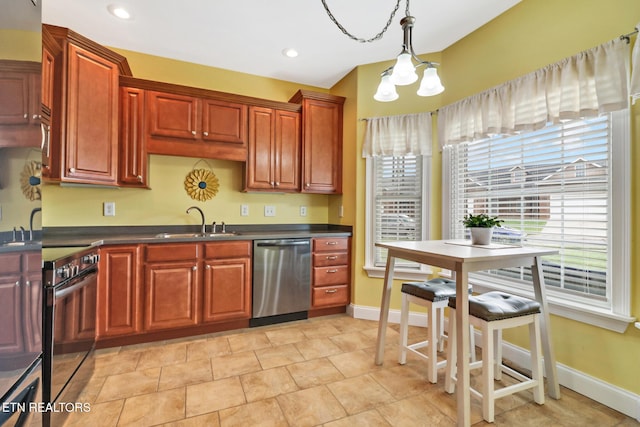 kitchen with stove, sink, hanging light fixtures, stainless steel dishwasher, and a chandelier