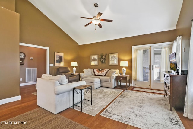 living room featuring ceiling fan, high vaulted ceiling, and wood-type flooring