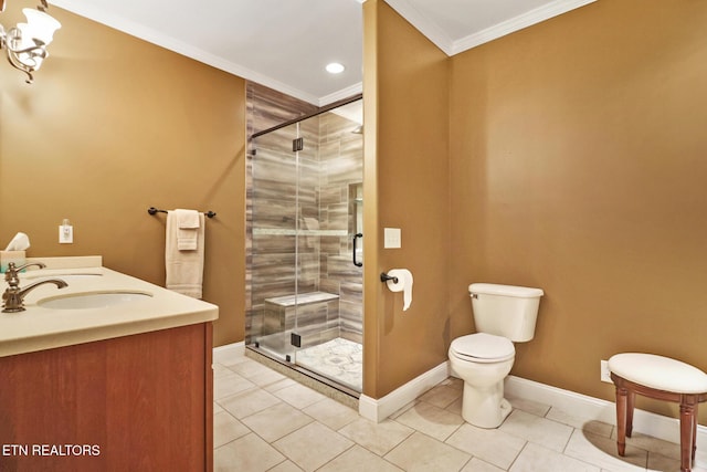 bathroom featuring tile patterned floors, an enclosed shower, vanity, crown molding, and toilet