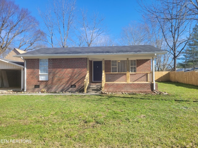 view of front of property featuring crawl space, covered porch, fence, a front lawn, and brick siding