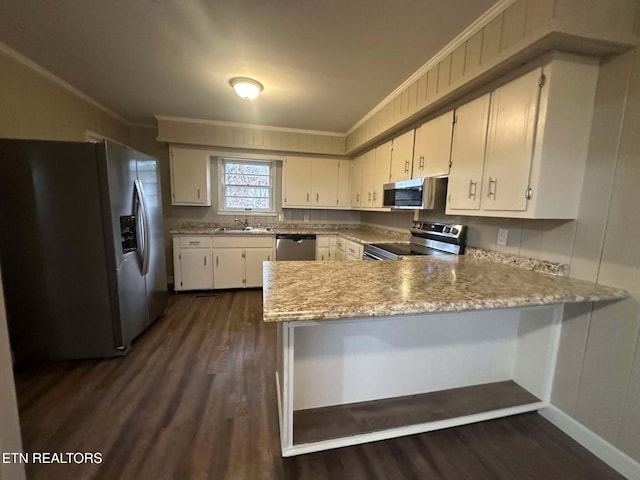 kitchen with dark wood-type flooring, sink, crown molding, appliances with stainless steel finishes, and kitchen peninsula