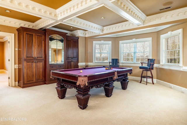 recreation room featuring light carpet, ornamental molding, and pool table