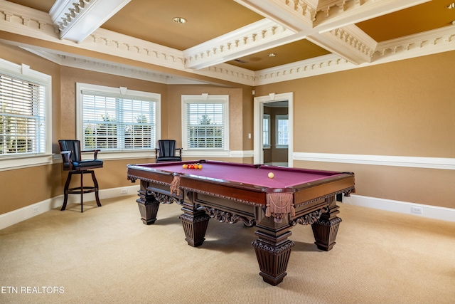 rec room featuring carpet floors, billiards, beam ceiling, and ornamental molding