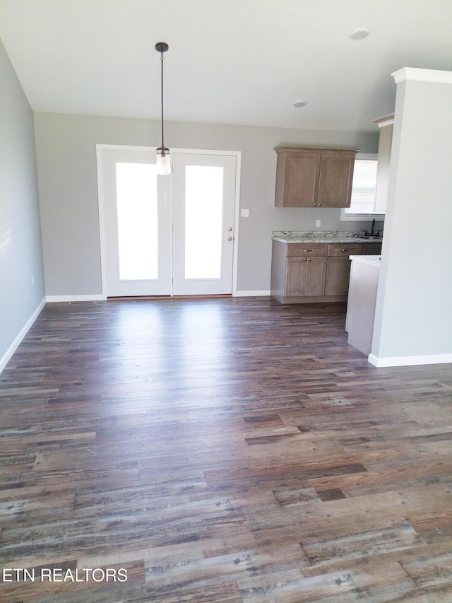 interior space with sink and dark wood-type flooring