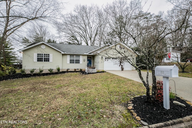 single story home with a front yard and a garage