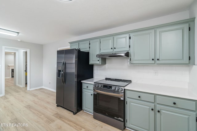kitchen with backsplash, light wood-type flooring, stainless steel refrigerator with ice dispenser, and black electric range